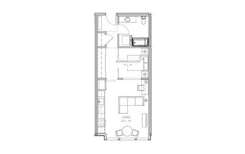 Floor plan for 1 bed, 1 bath, 598 sqft